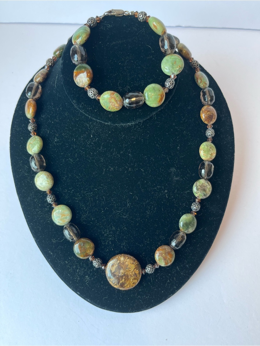 Beautiful Green Brown Natural Stones Necklace And Bracelet 925 Clasp Vintage
